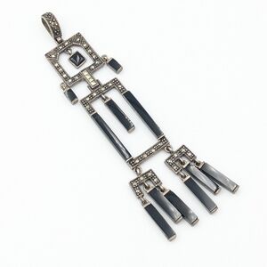 Antique Art Deco 925 Sterling silver marcasite and black onyx long pendant